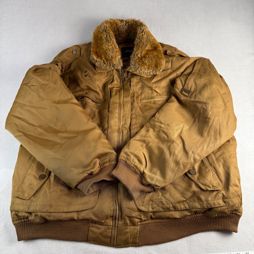Sean John Mens XXL Tan Bomber Flight Jacket Faux Fur Collar Quilted Padded Heavy